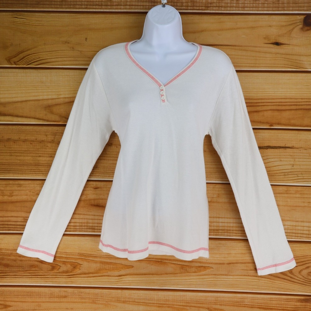 Hanes Long Sleeve Shirt Womens Size XL White Cotton Blend Stretch V-Neck Buttons